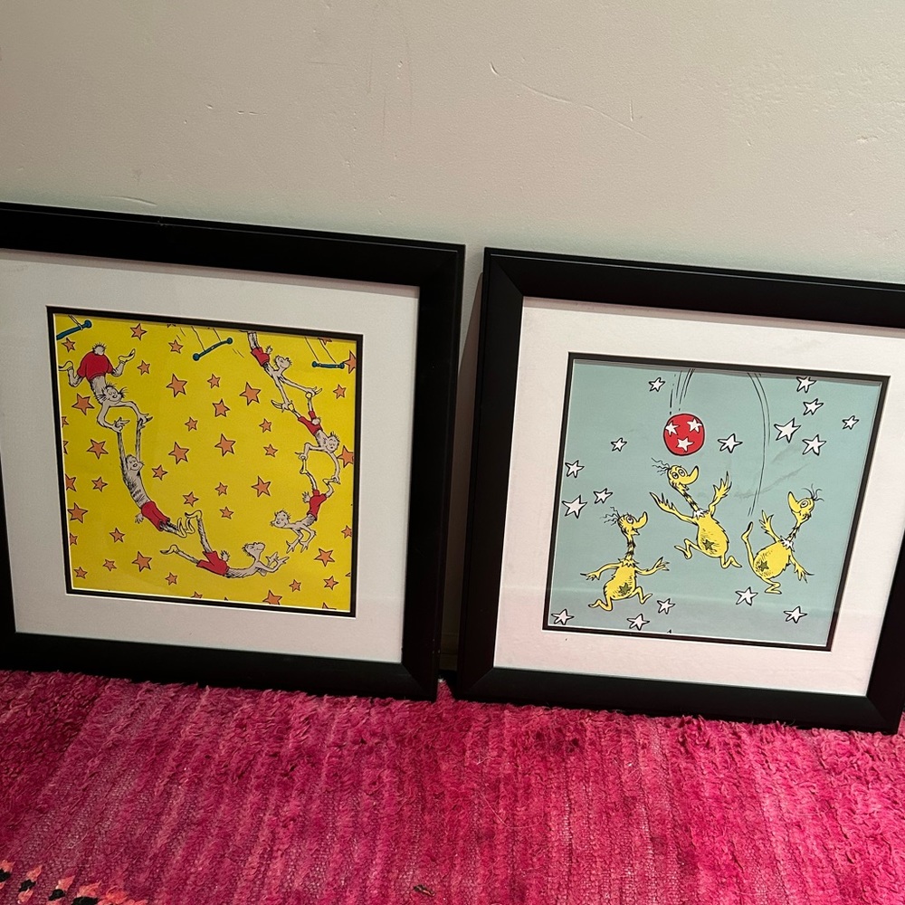 2 dr. seuss prints framed 18 x 18” art perfect for kids room